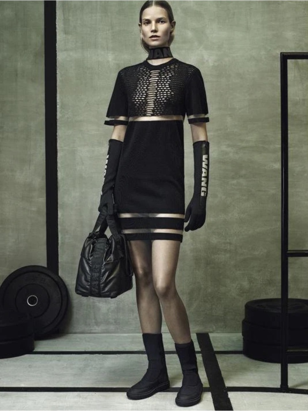 Alexander Wang x H&M Perforated Sheer Mesh Panel Short Sleeve Dress Black